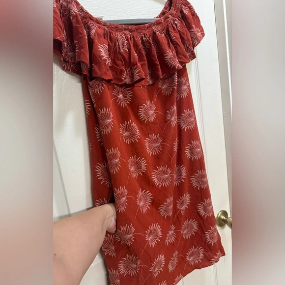 Madewell Silk Off the Shoulder Palm Red Sheath Mini Dress Boho Floral Size XS - Picture 3 of 9